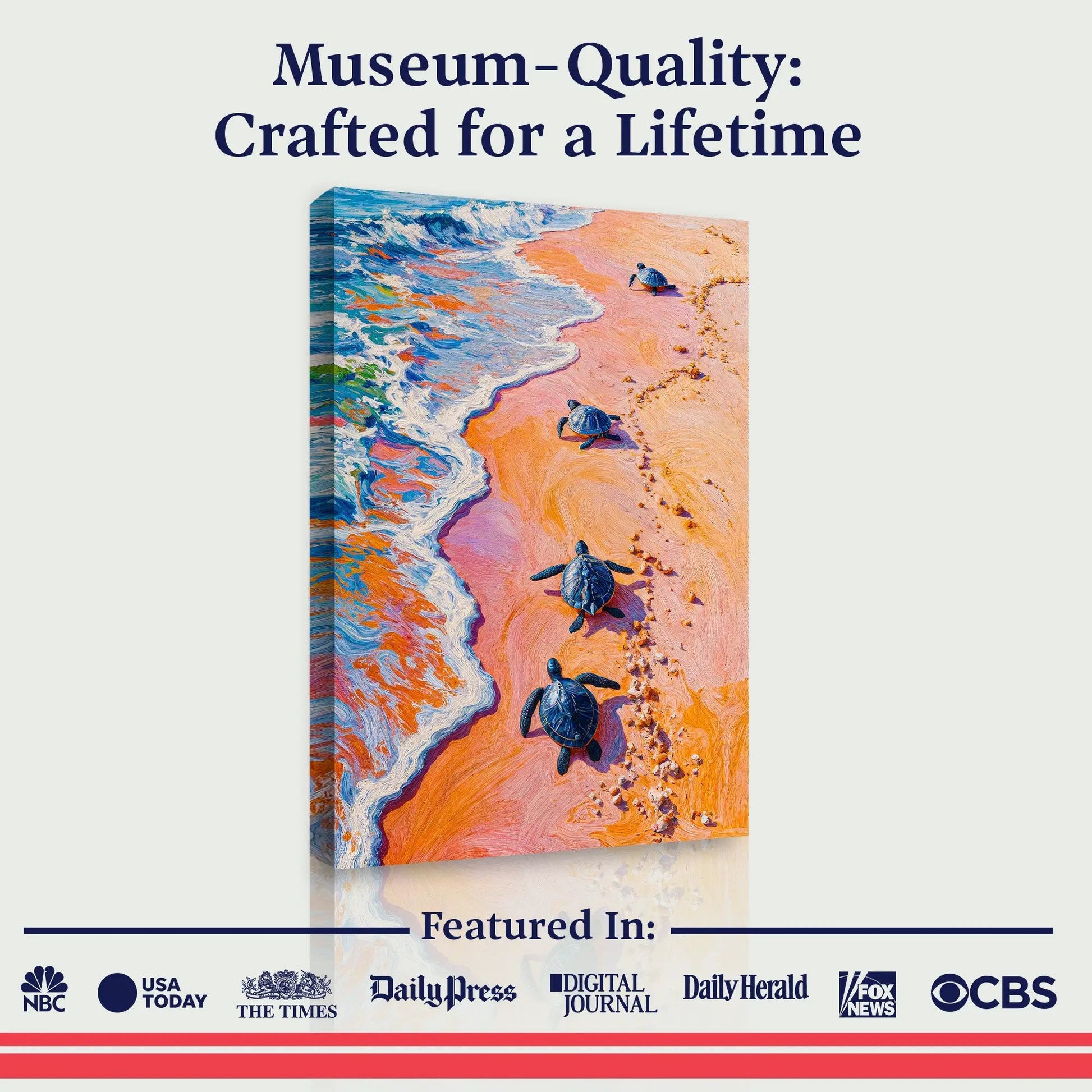 Tailored Canvases Turtles' Journey To Sea canvas wall art with sea turtles on pink-orange shore on Tampa Home & Garden Store