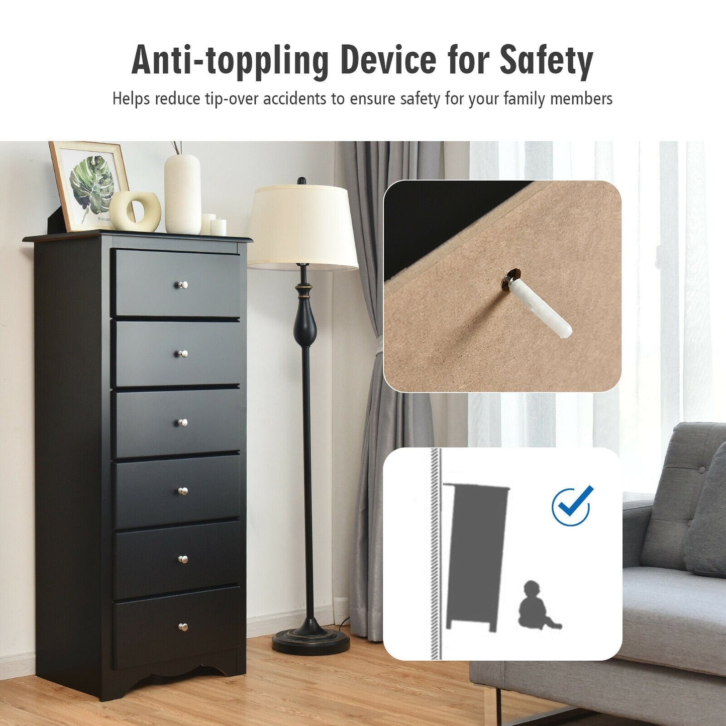 Cómoda de 6 cajones, mueble de almacenamiento de ropa para dormitorio - Negro