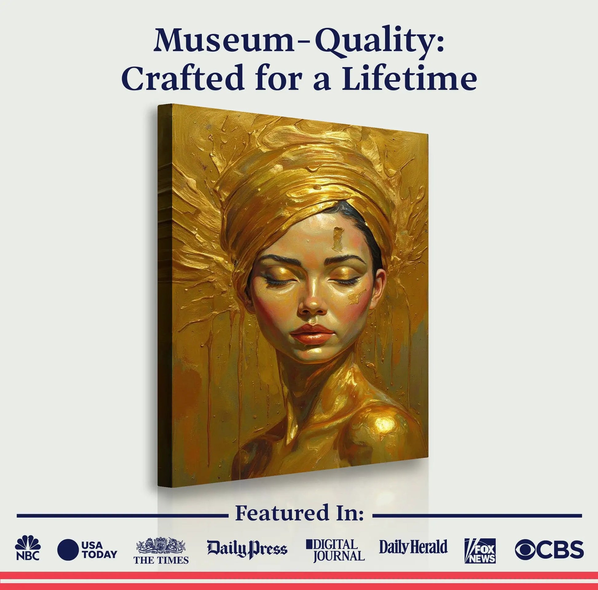 Canvas wall art Woman's Golden Serenity by Tailored Canvases in gold tones with textured portrait on Tampa Home & Garden Store