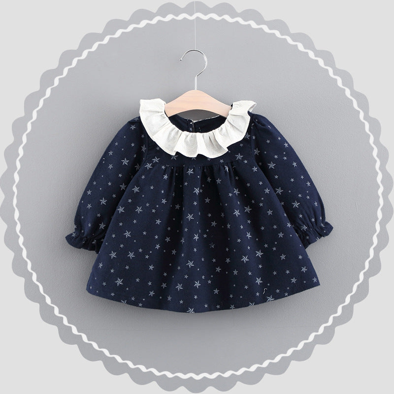 Stevvex navy star print infant dress with white ruffled collar, long sleeves, cotton knit on Tampa Home & Garden Store