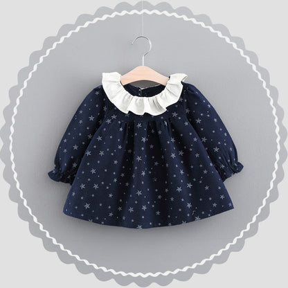 Stevvex navy star print infant dress with white ruffled collar, long sleeves, cotton knit on Tampa Home & Garden Store