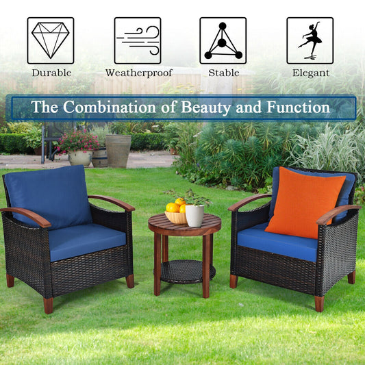 3 Pieces Patio Rattan Furniture Set with Washable Cushion and Acacia Wood Tabletop-Blue - Tampa Home & Garden Store