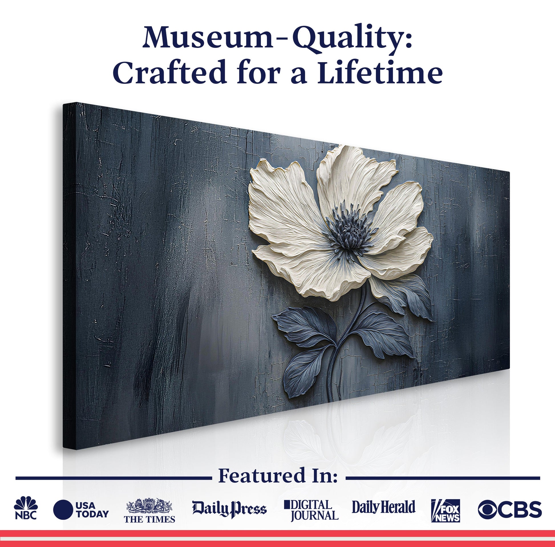 Floral clay relief wall art canvas by Tailored Canvases; textured blue panel with flower on Tampa Home & Garden Store