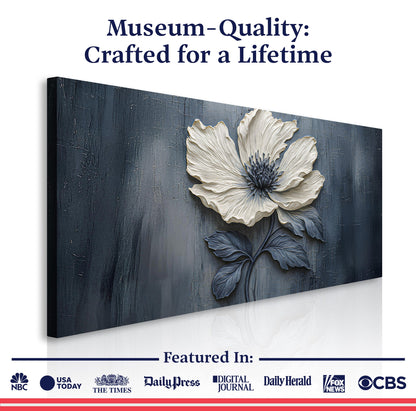 Floral clay relief wall art canvas by Tailored Canvases; textured blue panel with flower on Tampa Home & Garden Store