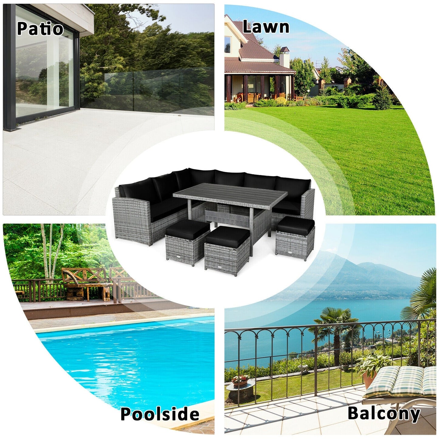 Juego de muebles seccionales de ratán para patio de 7 piezas con otomana de mimbre, color negro