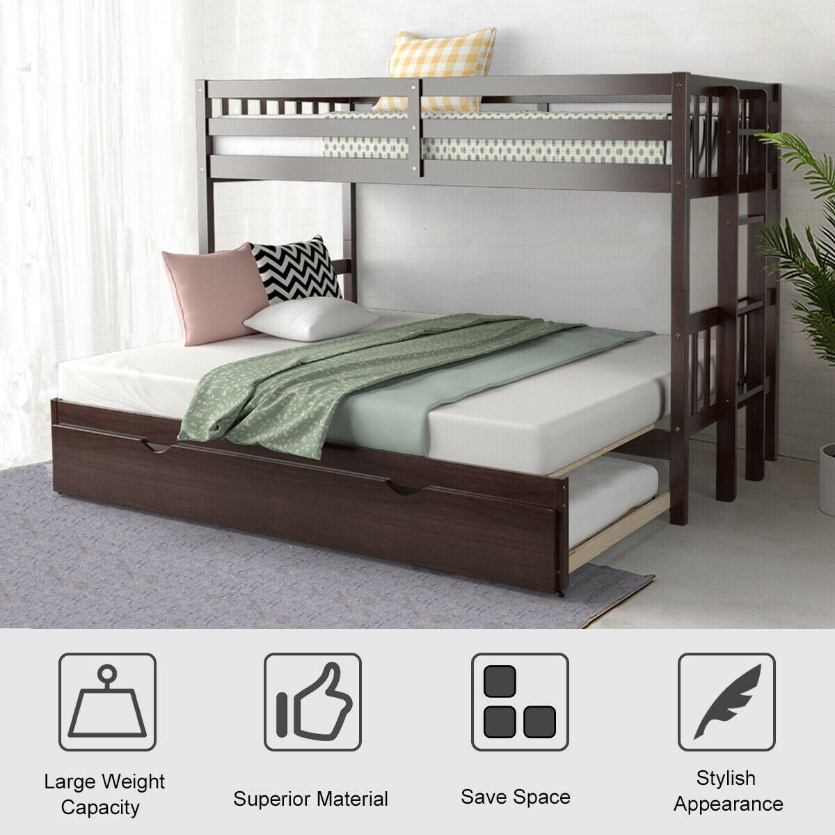 Literas dobles extraíbles con nido, escalera de madera - Espresso
