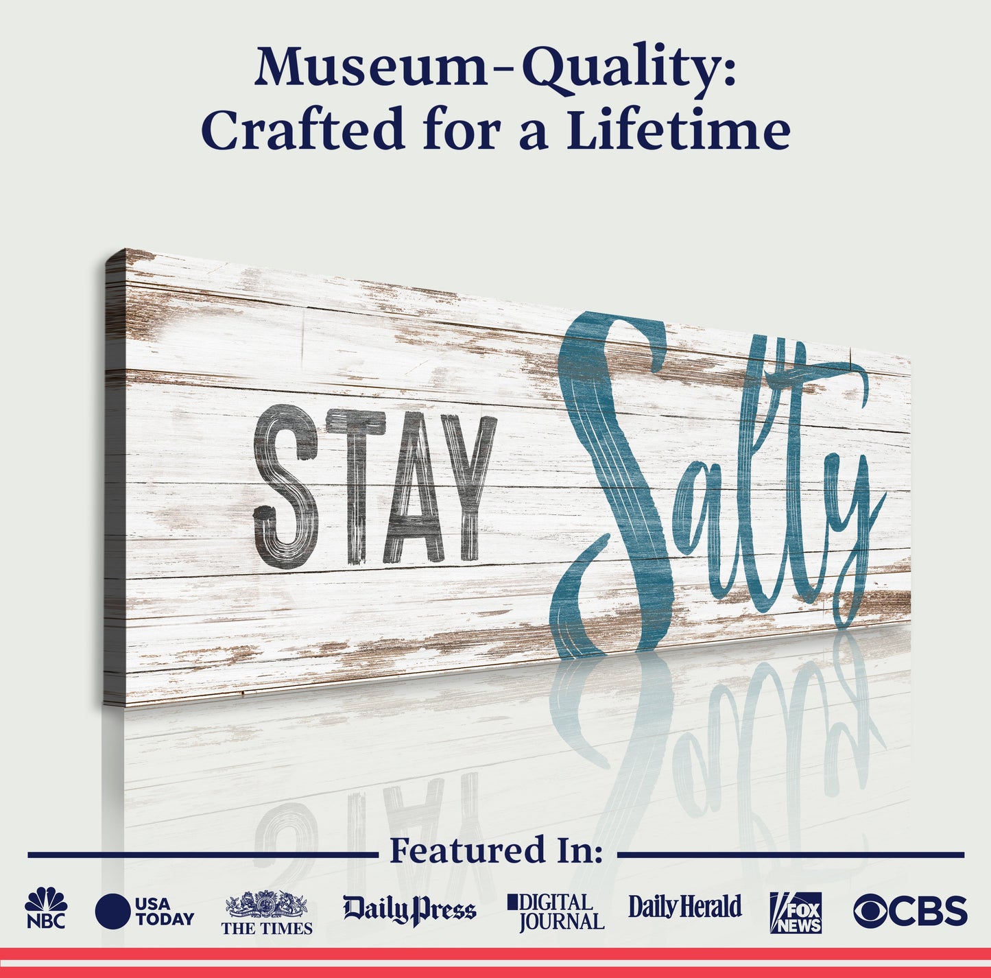 Stay Salty Coastal Sign VIII canvas with distressed whitewashed wood and navy script Tailored Canvases on Tampa Home & Garden Store
