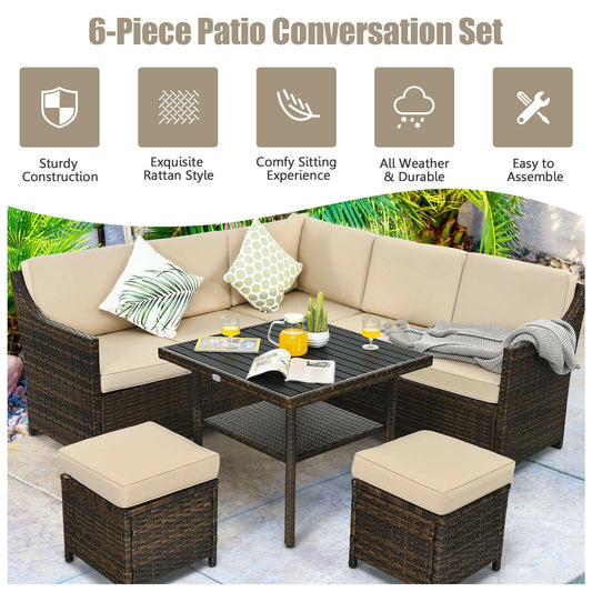 6 Pieces Patio Rattan Dining Sofa Funiture Set - Tampa Home & Garden Store