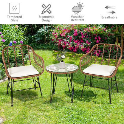 3-Piece Brown Rattan Bistro Set with Cushions and Glass Table in garden patio on Tampa Home & Garden Store