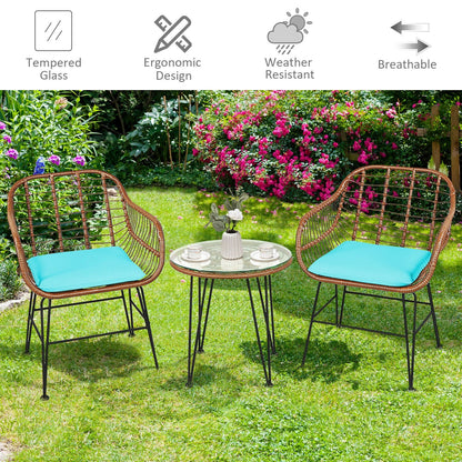 3-Piece Rattan Bistro Set with Cushions and Glass Table turquoise cushions DirectDeals on Tampa Home & Garden Store