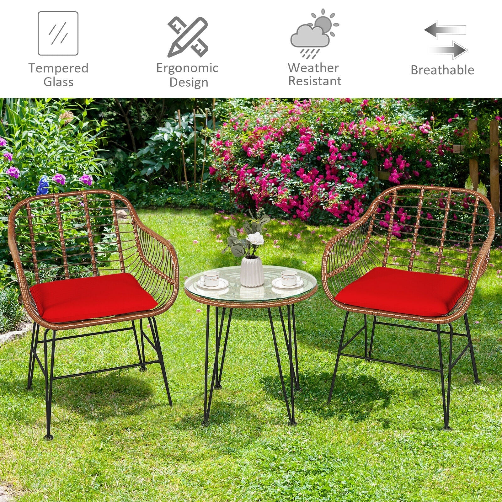 3-Piece Rattan Bistro Set with Cushions and Glass Table, wicker DirectDeals patio set on Tampa Home & Garden Store
