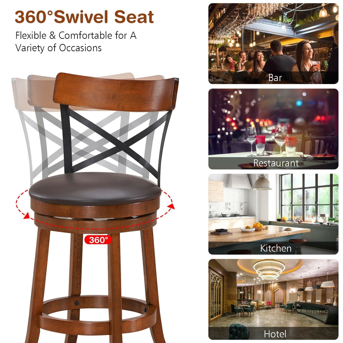 Juego de 2 Taburetes de Bar Sillas de Bar de Comedor Giratorias 360 Grados con Patas de Madera de Caucho-25 pulgadas