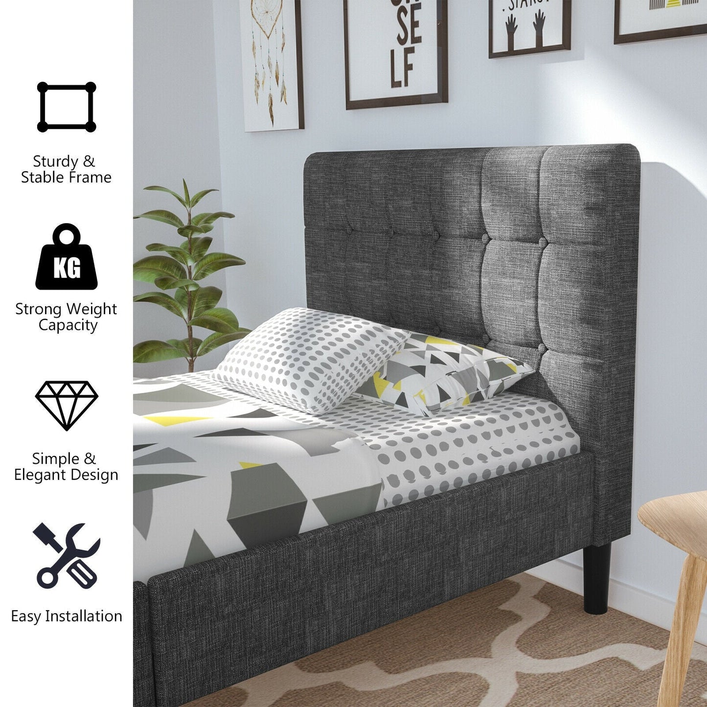 Cama de plataforma con cabecero tapizado con botones - Beige