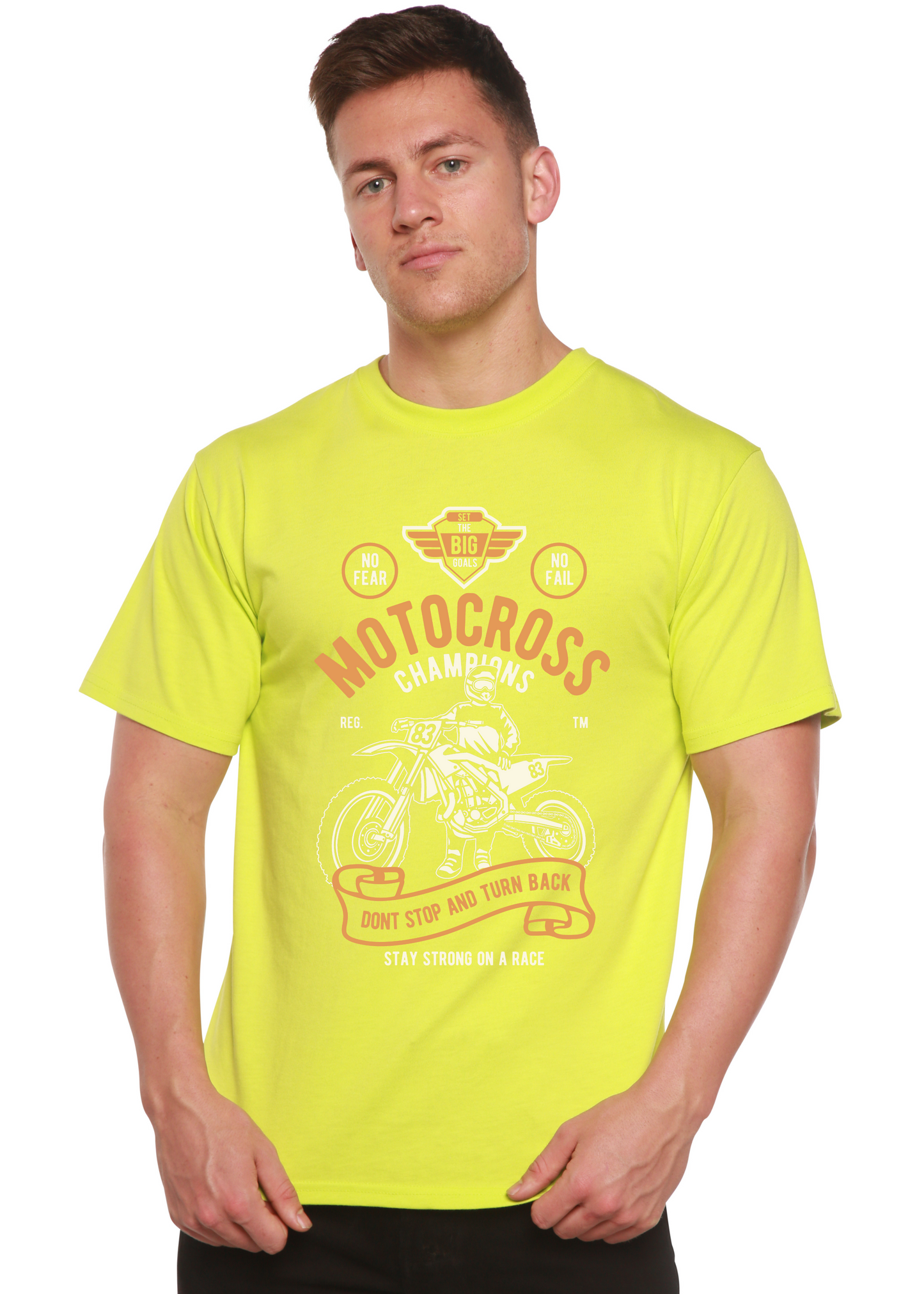 Motocross Champions men's printed graphic T-shirt neon lime by Spun Bamboo with motocross rider design on Tampa Home & Garden Store
