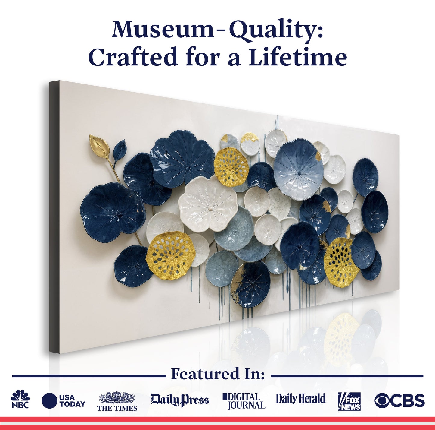 Lotus Leaf Abstract Wall Art VII canvas with navy blue, white and gold leaves on Tampa Home & Garden Store
