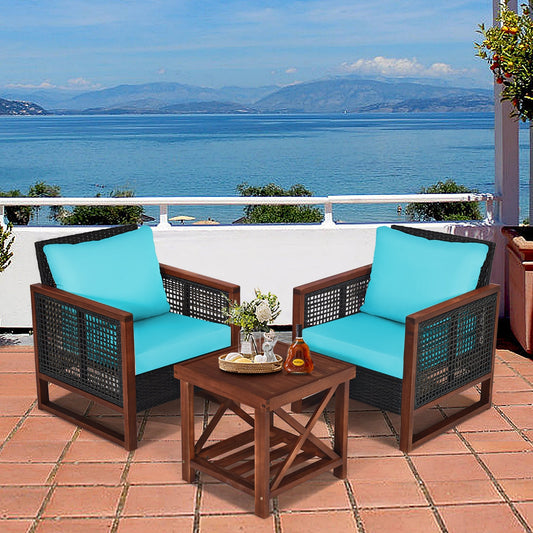 3 Pieces Acacia Wood Patio Furniture Set with Coffee Table-Turquoise - Tampa Home & Garden Store