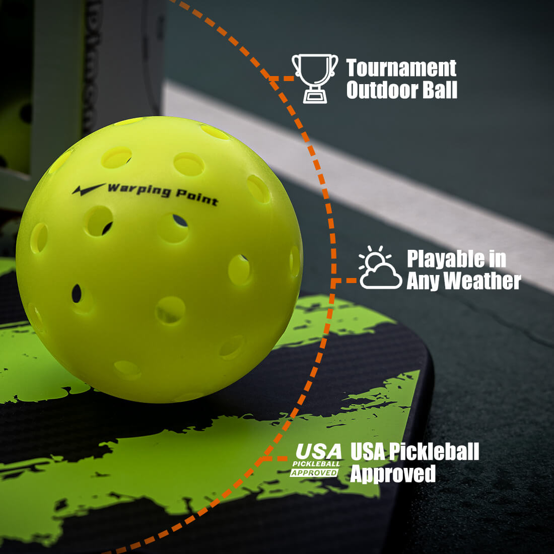 Ascent Outdoor Tournament Pickleballs by Warping Point, neon yellow perforated ball on Tampa Home & Garden Store