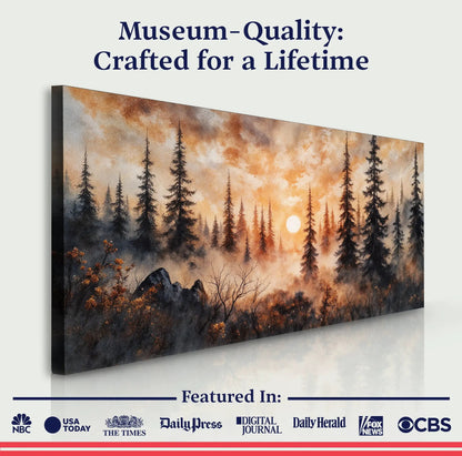 Rustic Forest Sunset Canvas with warm orange sky and pine silhouettes Tailored Canvases on Tampa Home & Garden Store