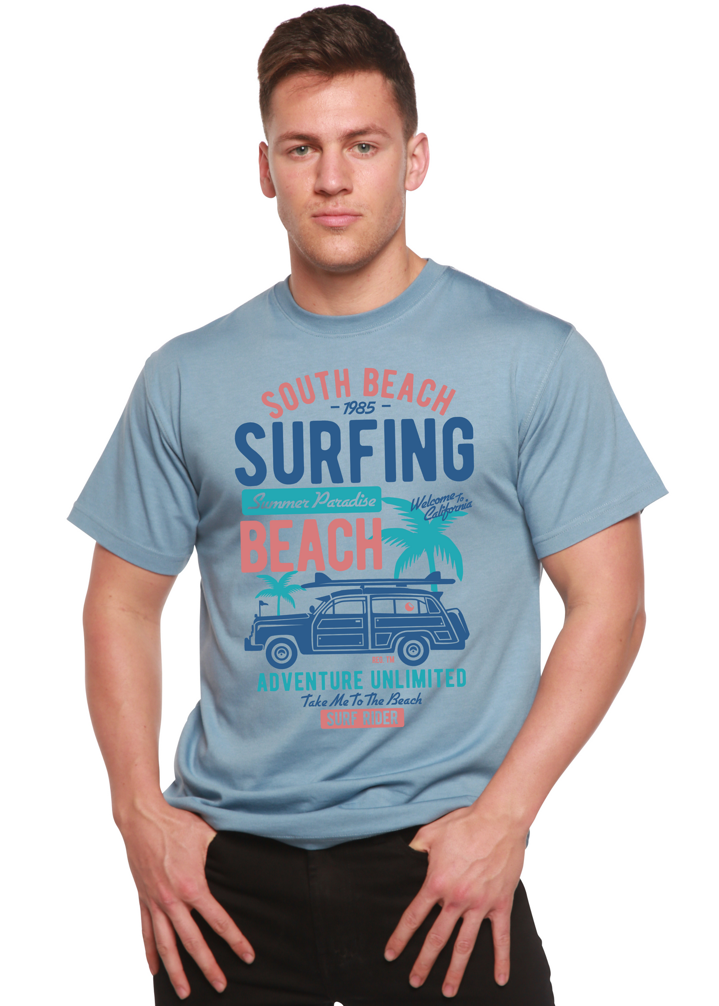 Men's Spun Bamboo T-shirt in light blue with South Beach print; bamboo viscose/organic cotton on Tampa Home & Garden Store
