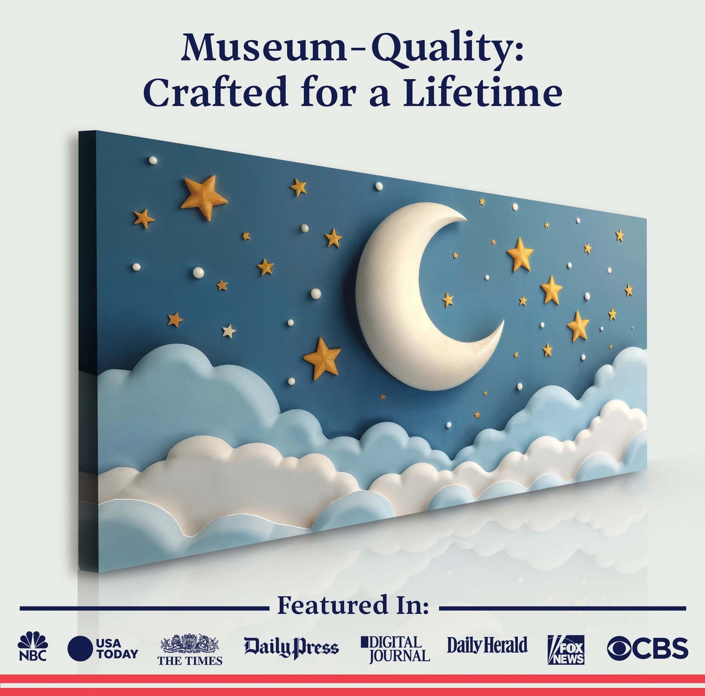 Celestial Serenade Wall Art canvas with blue sky, moon and gold stars Tailored Canvases on Tampa Home & Garden Store