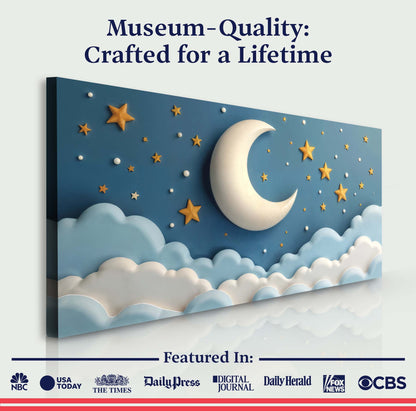 Celestial Serenade Wall Art canvas with blue sky, moon and gold stars Tailored Canvases on Tampa Home & Garden Store
