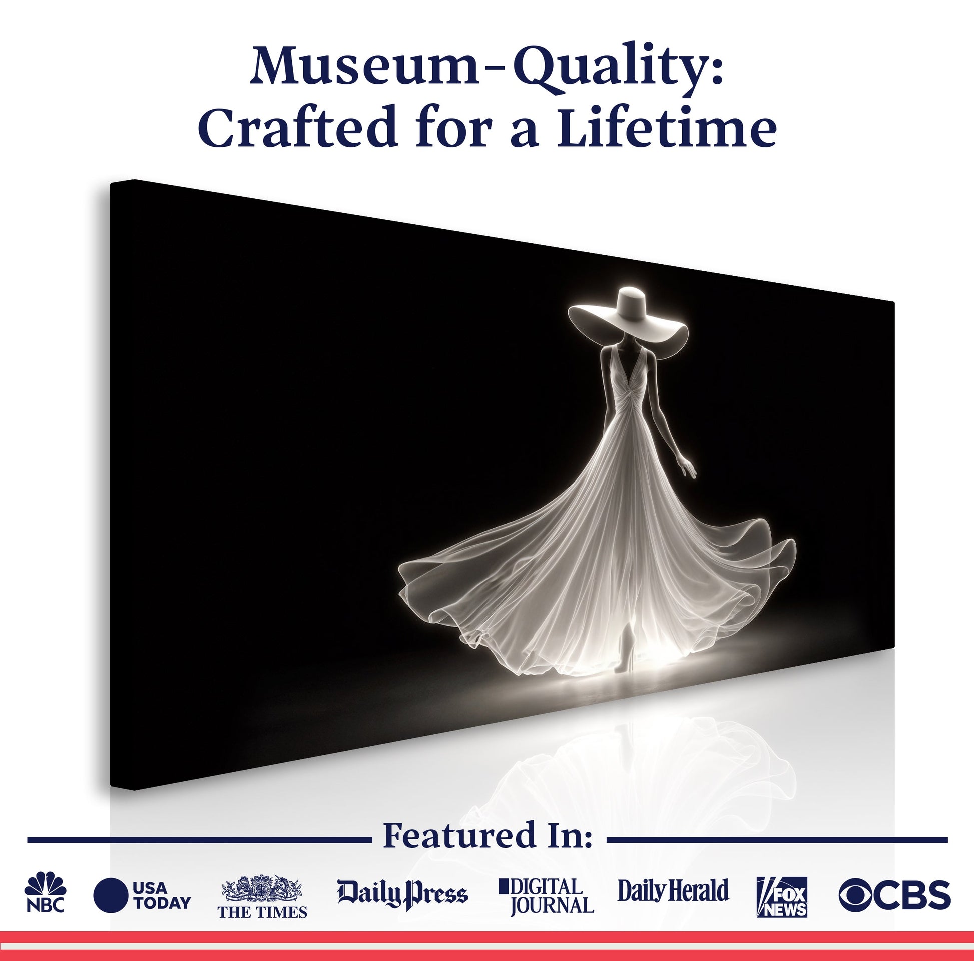Modern Glam Fashion Wall Art on Canvas by Tailored Canvases white gown on black background on Tampa Home & Garden Store