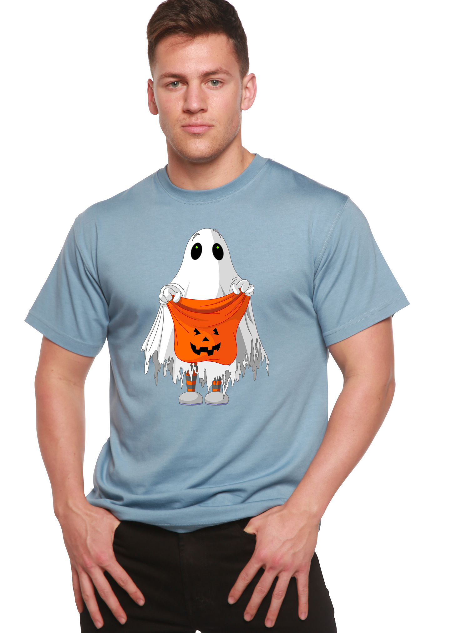 men's Boo Halloween graphic T-shirt in light blue by Spun Bamboo bamboo-cotton blend on Tampa Home & Garden Store