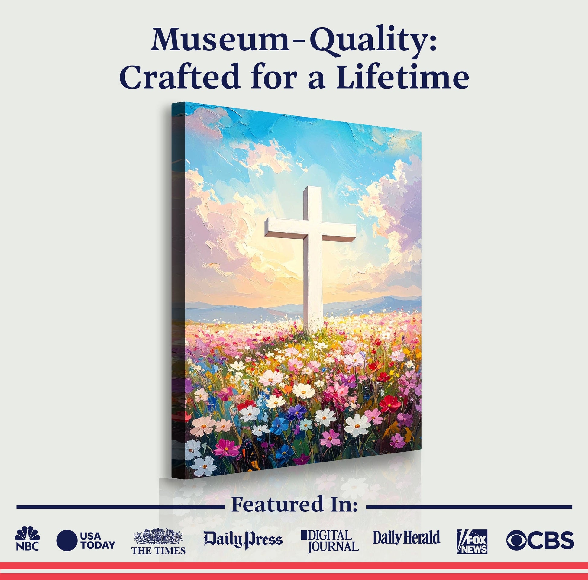 Cross Floral Field Faith Wall Art canvas; white cross amid wildflowers under a pastel sky on Tampa Home & Garden Store