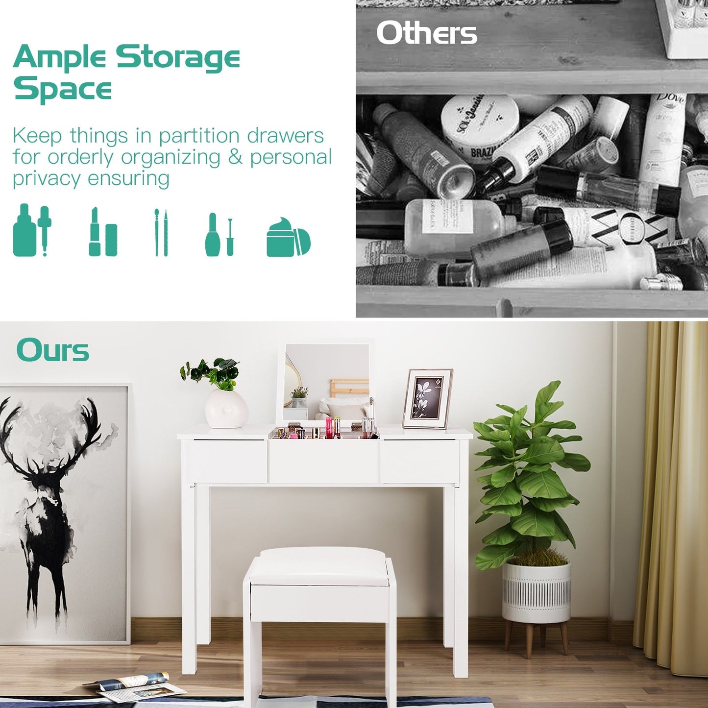 Vanity Makeup Dressing Table Set with Flip Top Mirror and Cushioned Stool-White