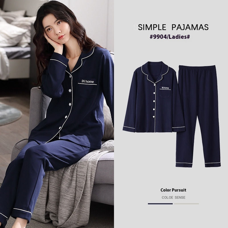 Stevvex navy cotton pajama set with white piping long-sleeve button-down top and wide-leg pants on Tampa Home & Garden Store