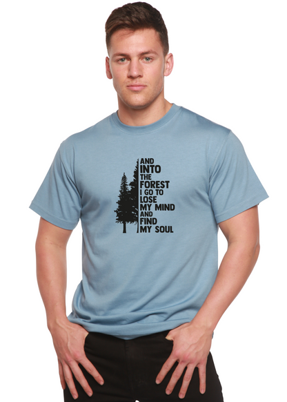 And Into The Forest I Go men's bamboo viscose/organic cotton tee in blue with tree silhouette on Tampa Home & Garden Store