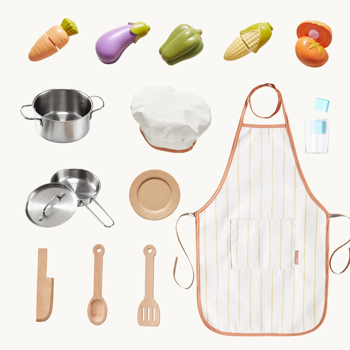 Tiny Land PopJoy Play Kitchen toy set with pots, lid, apron, chef hat, and wooden utensils on Tampa Home & Garden Store