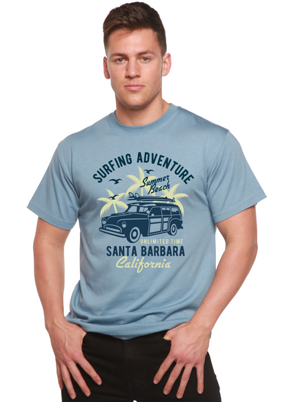 Surfing Adventure Spun Bamboo men's short sleeve graphic T-shirt light blue palm and van design on Tampa Home & Garden Store