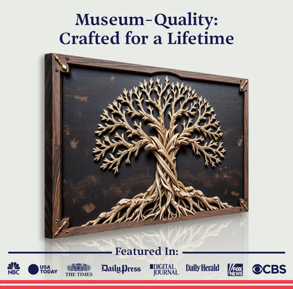 3D Celtic Tree of Life Canvas Wall Art III by Tailored Canvases, beige woven tree on dark wood frame on Tampa Home & Garden Store