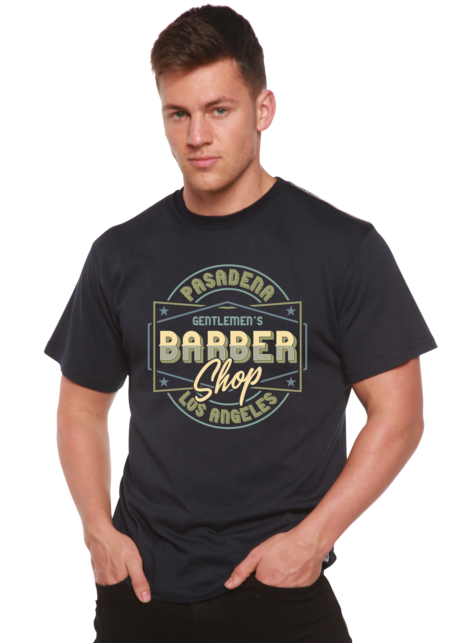 Gentlement's Barber Shop graphic T-shirt in navy, Spun Bamboo bamboo viscose/organic cotton on Tampa Home & Garden Store