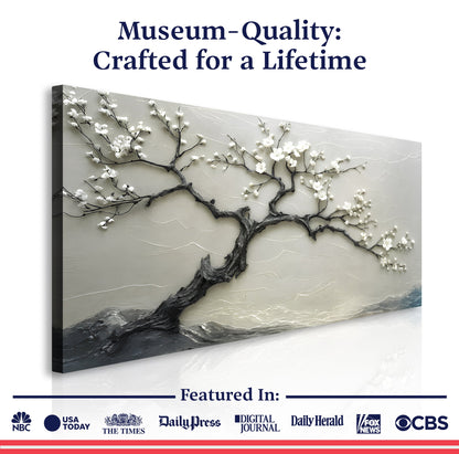 Silent Blossom Wall Art canvas by Tailored Canvases with gray branches and white blossoms on Tampa Home & Garden Store