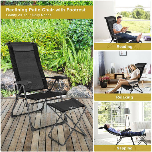 4 Pieces Patio Adjustable Back Folding Dining Chair Ottoman Set-Black - Tampa Home & Garden Store