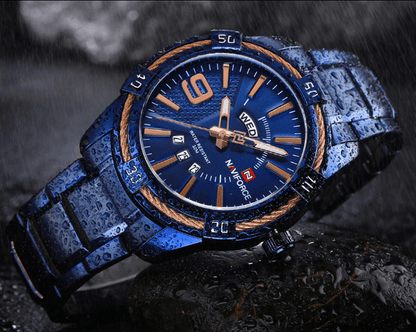 Stevvex men's blue stainless steel waterproof watch with bronze bezel and day/date display on Tampa Home & Garden Store