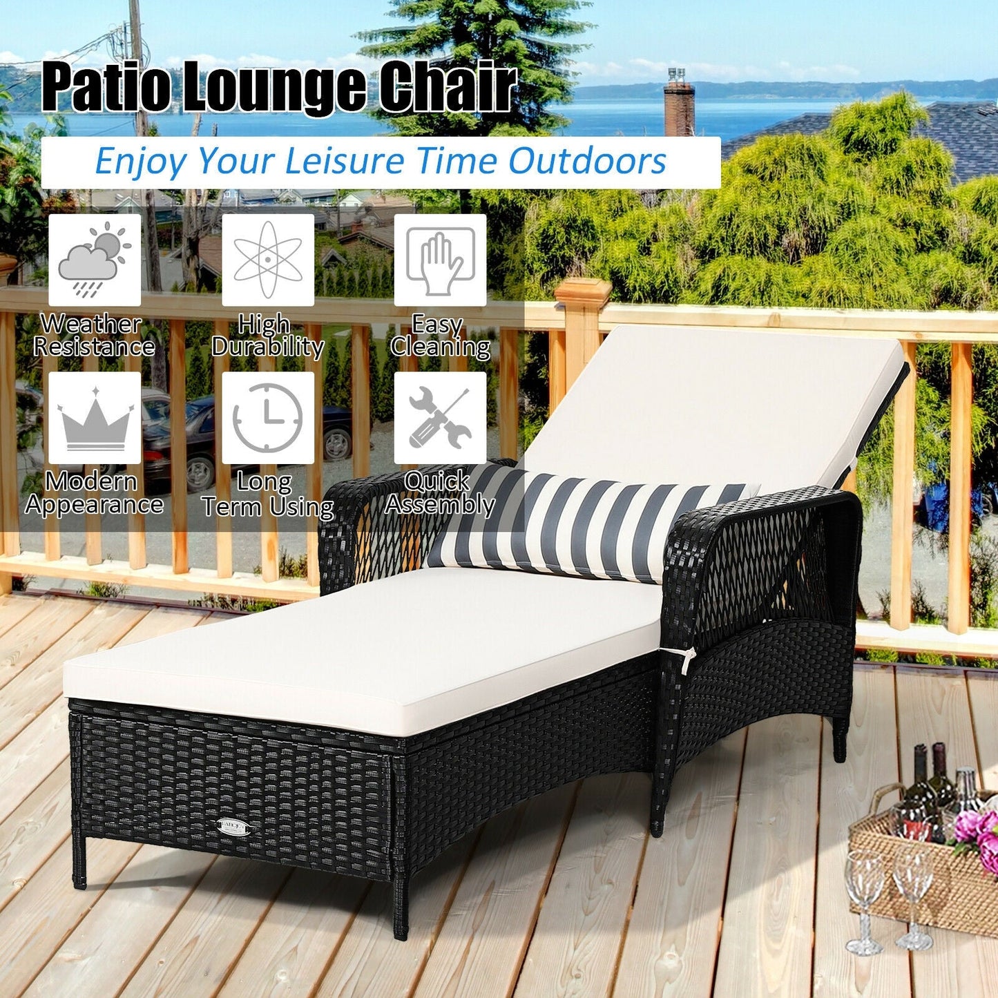 Patio Wicker Chaise Lounge Chair black with white cushion adjustable backrest sunlounger on Tampa Home & Garden Store