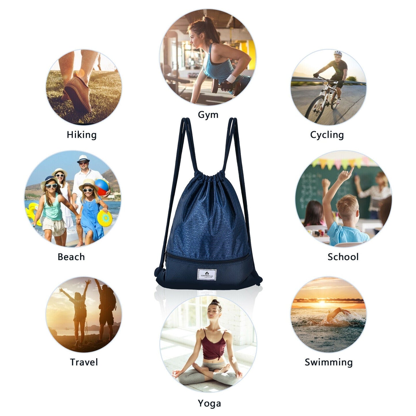 GemGear navy blue drawstring backpack with zipper pocket, foldable gym bag on Tampa Home & Garden Store