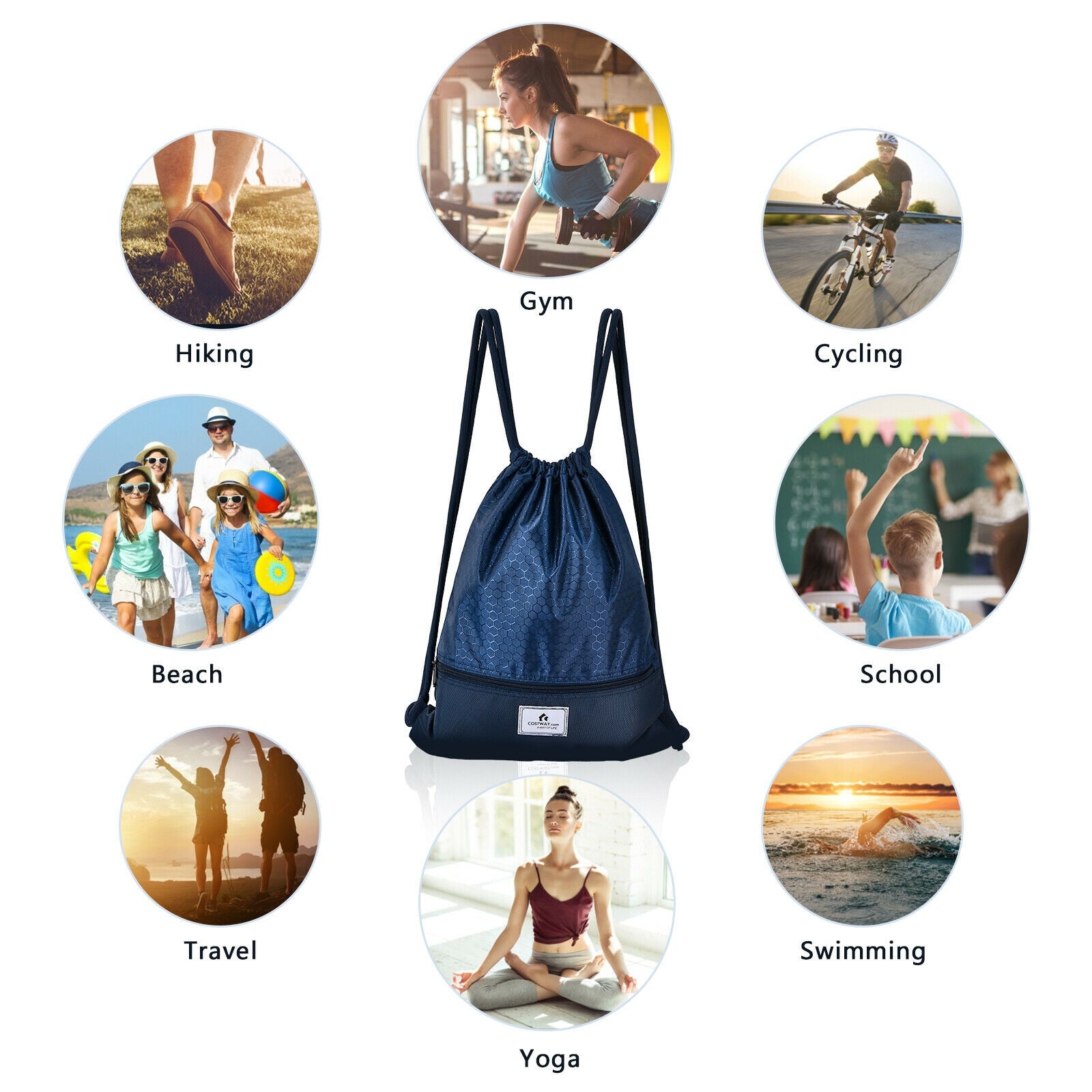 GemGear navy blue drawstring backpack with zipper pocket, foldable gym bag on Tampa Home & Garden Store