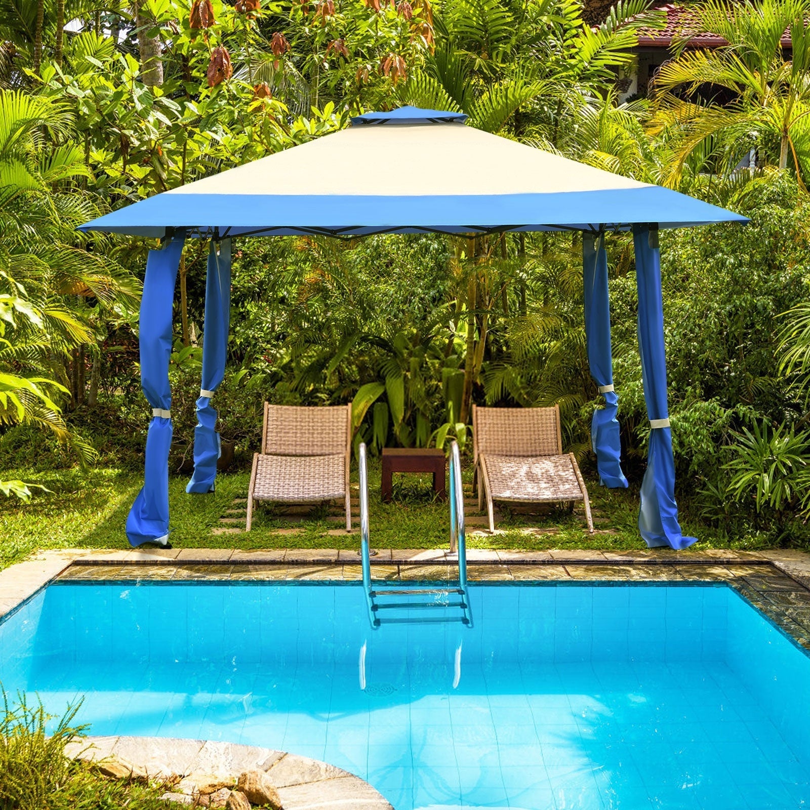 GemGear 13x13 ft pop up canopy tent with beige top and blue trim over poolside seating on Tampa Home & Garden Store