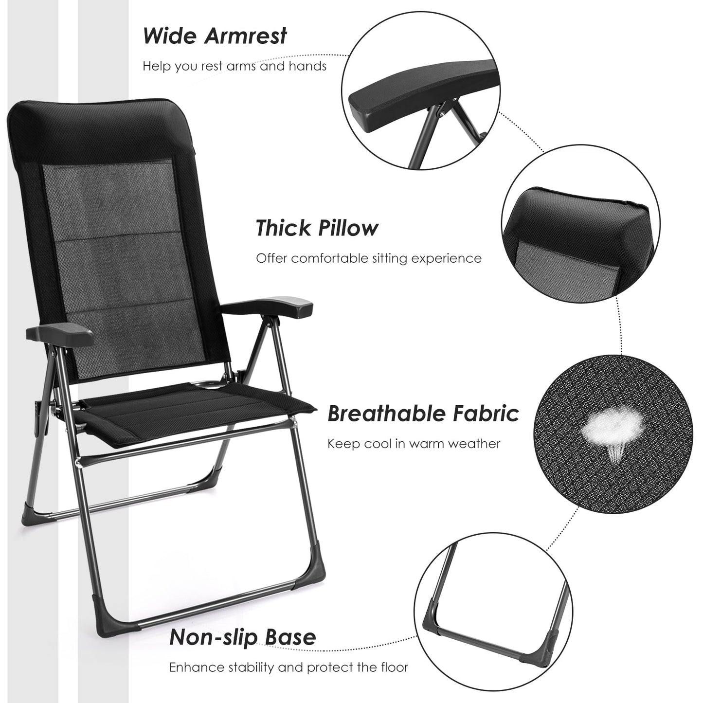 2 Pcs Portable Black Patio Folding Dining Chairs with Adjustable Headrests for Camping on Tampa Home & Garden Store