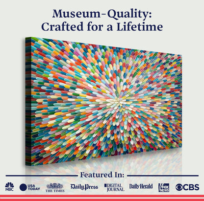 Radiant Bloom Abstract Wall Art canvas with a vivid rainbow burst of petal-like strokes on Tampa Home & Garden Store