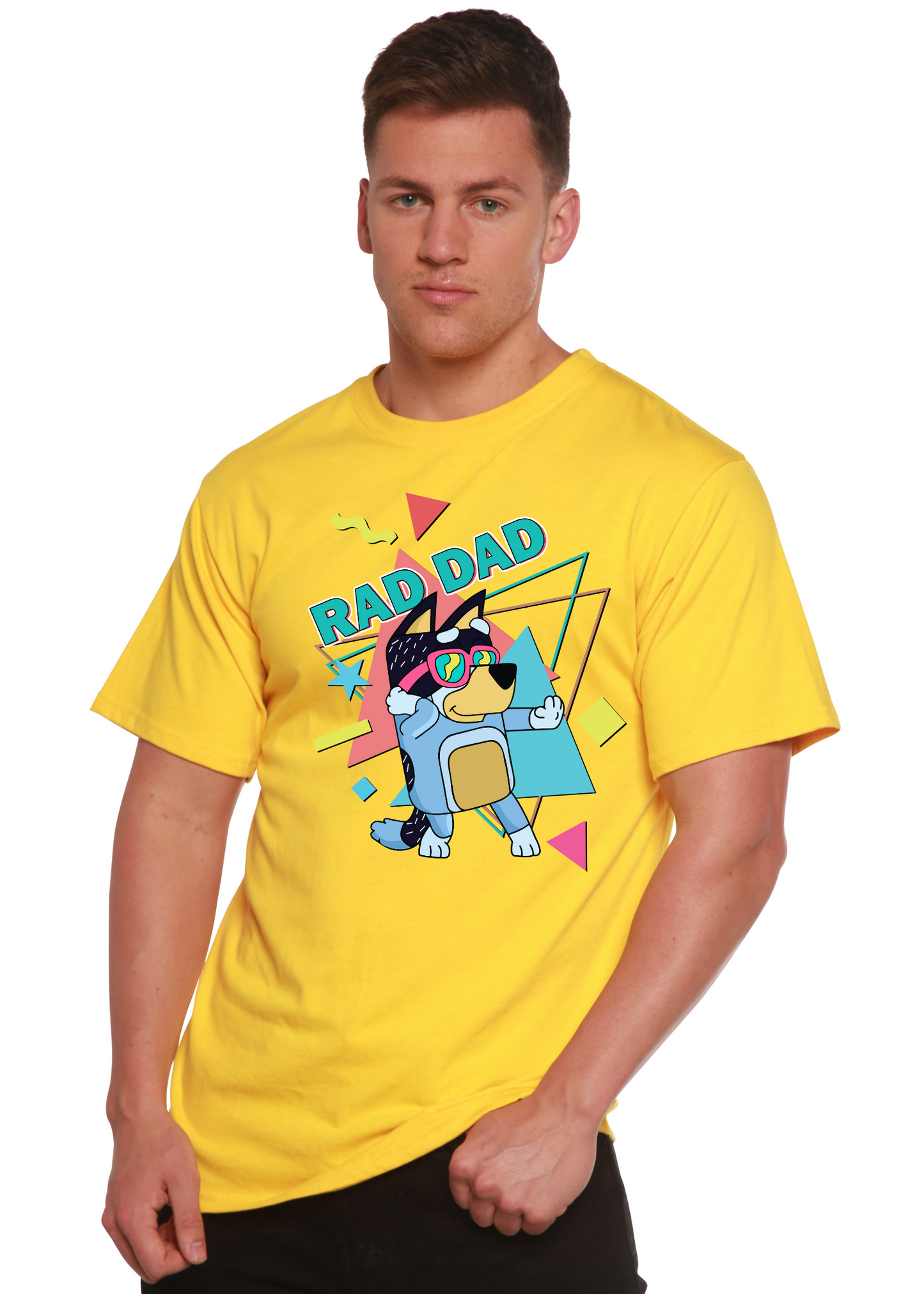 Rad Dad Bluey men's bamboo short sleeve graphic T-shirt yellow with cartoon print on Tampa Home & Garden Store