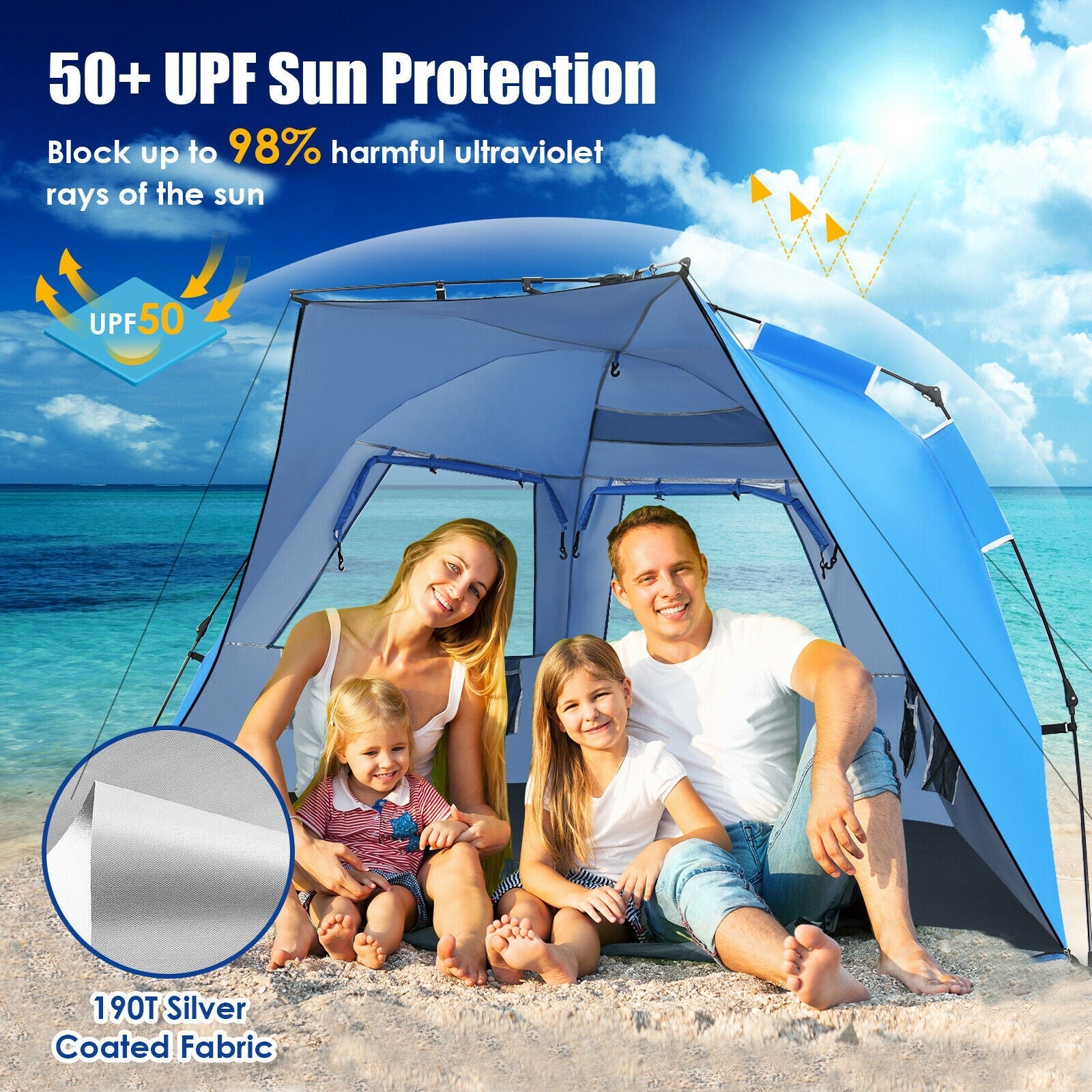 3-4 Person Easy Pop Up Beach Tent UPF 50+ blue GemGear sun shelter for family on Tampa Home & Garden Store