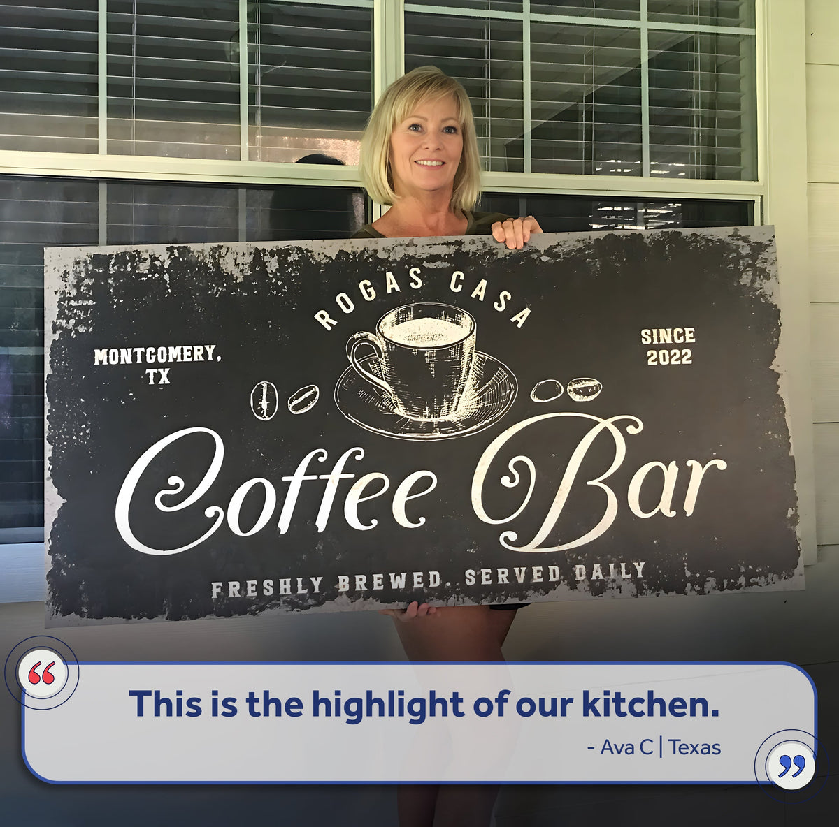 Coffee Bar Sign V canvas by Tailored Canvases; chalkboard coffee cup art, held by blonde woman on Tampa Home & Garden Store