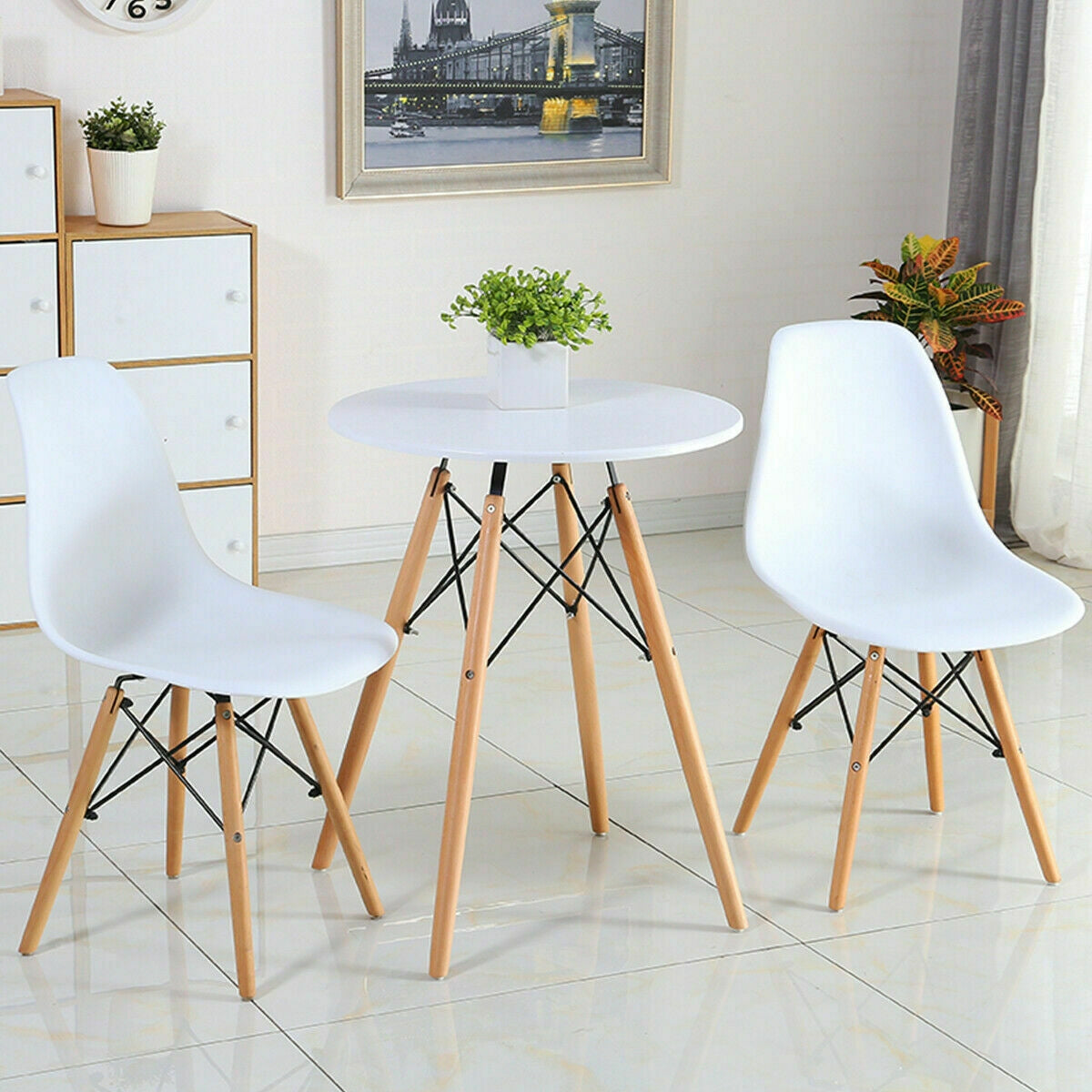 Juego de 2 sillas de comedor auxiliares DSW de mediados de siglo - Blancas