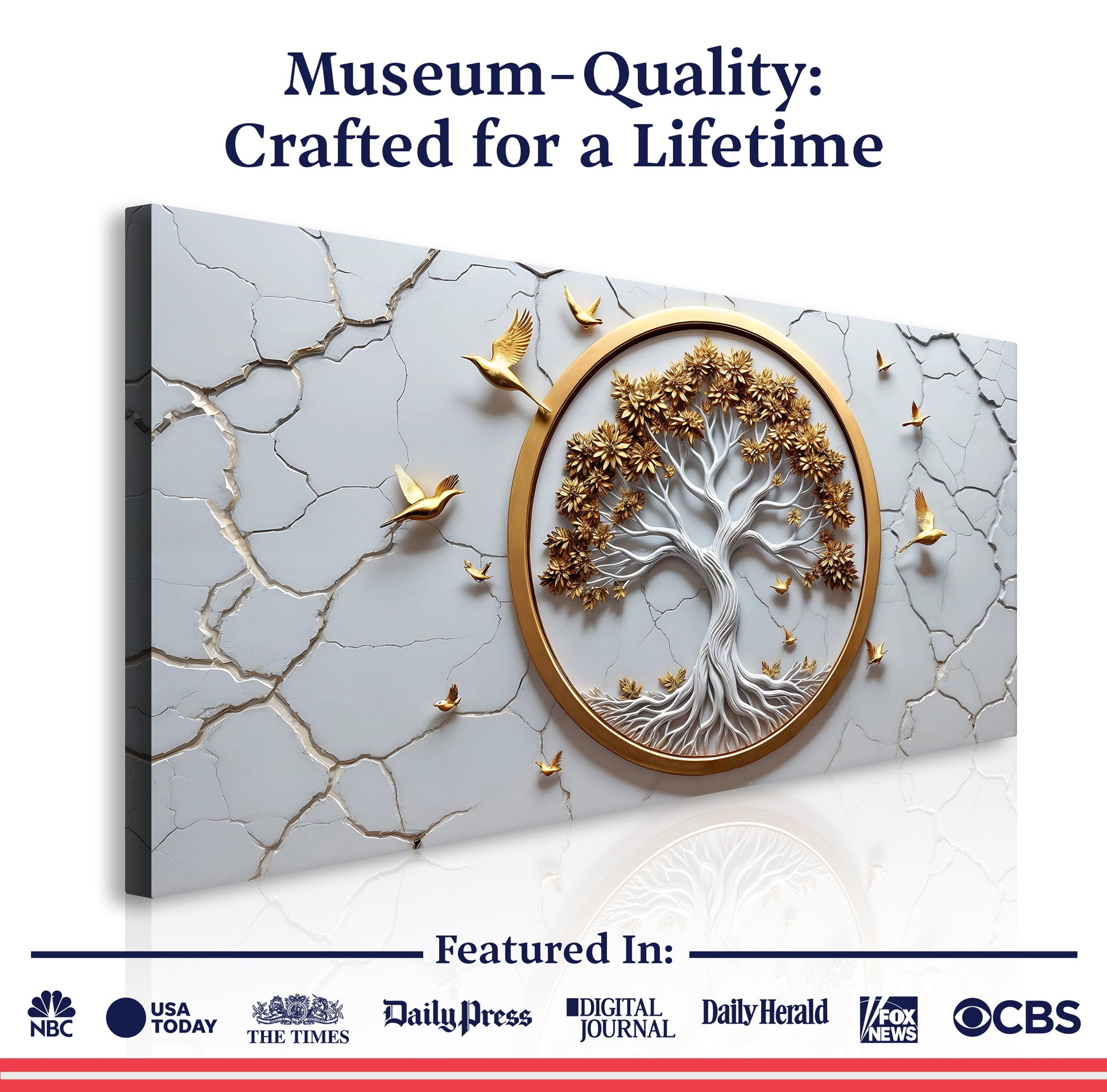 3D Celtic Tree of Life canvas art in white with gold circular frame by Tailored Canvases on Tampa Home & Garden Store