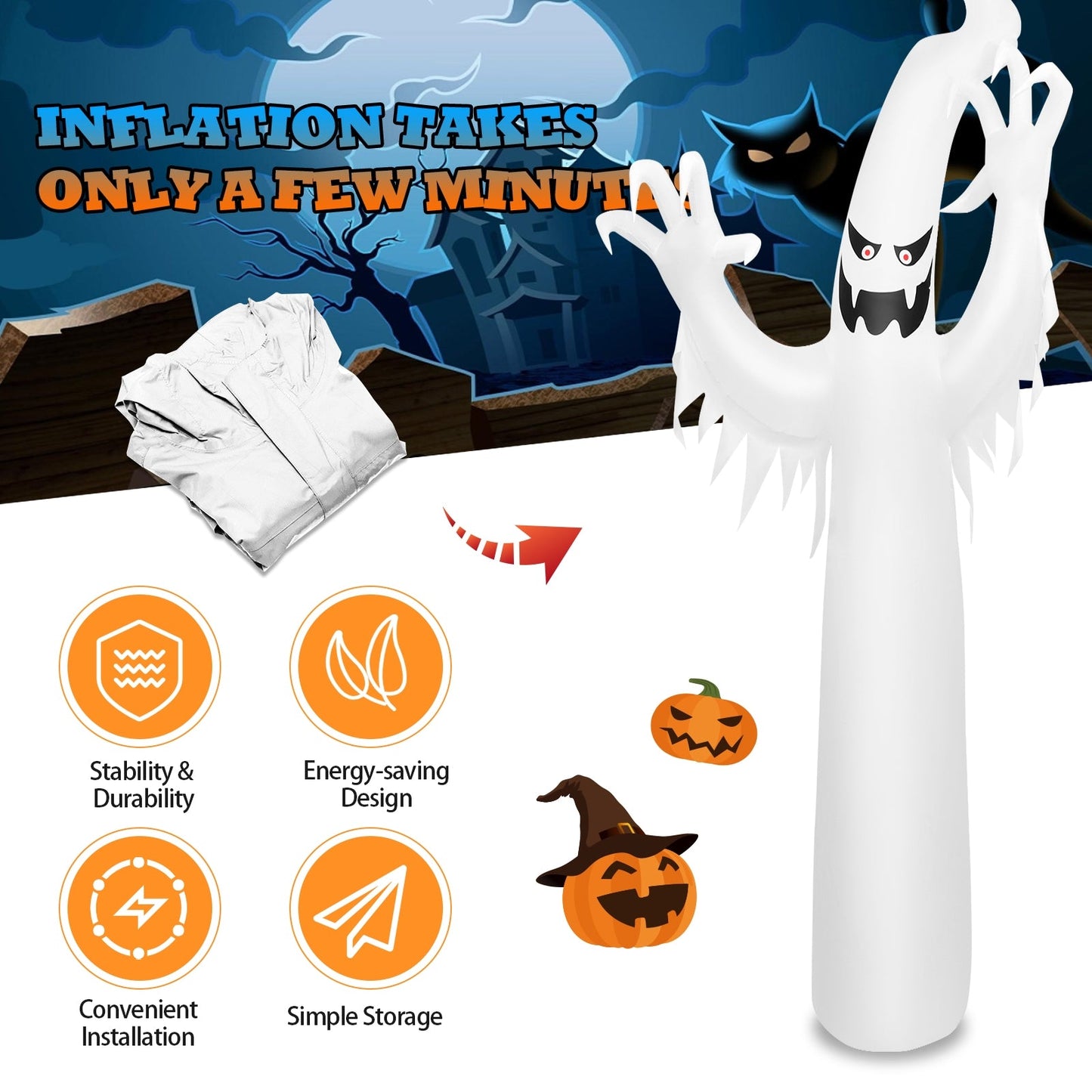 12 ft DirectDeals Halloween Inflatable with built-in LED lights, white ghost on Tampa Home & Garden Store